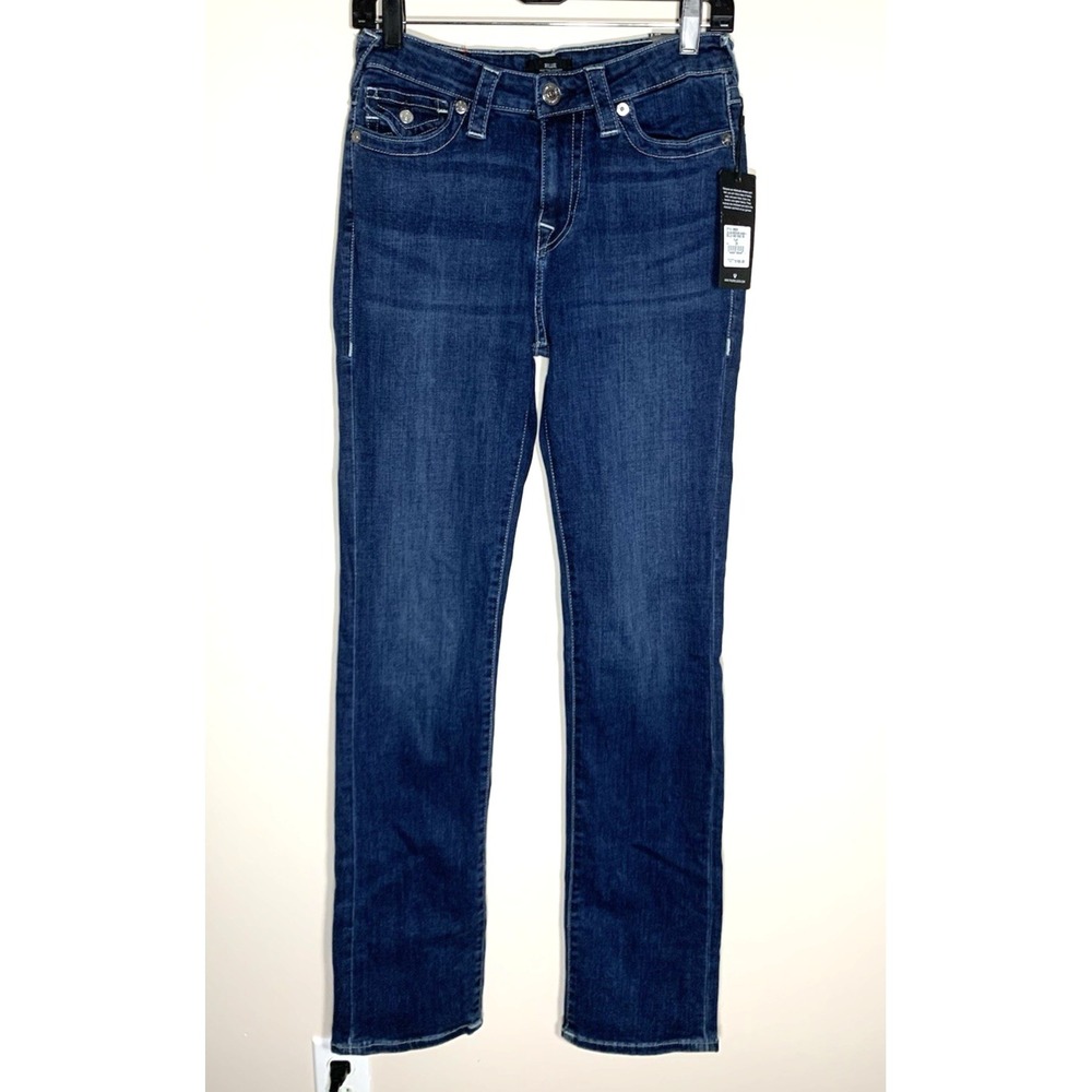 NEW True Religion Jeans Womens 29 Blue Dark Wash Mid Rise Straight Billie Flaps